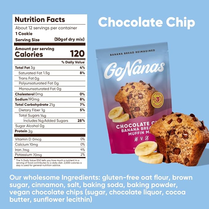 GoNanas Chocolate Chip Oat Flour Banana Bread Mix Suitable for Plant Based Vegan Diets Gluten Free Dairy Free Snacks Healthy Snacks For Adults Muffin Mix Nut Free Cupcakes Dessert NON-GMO 2pk