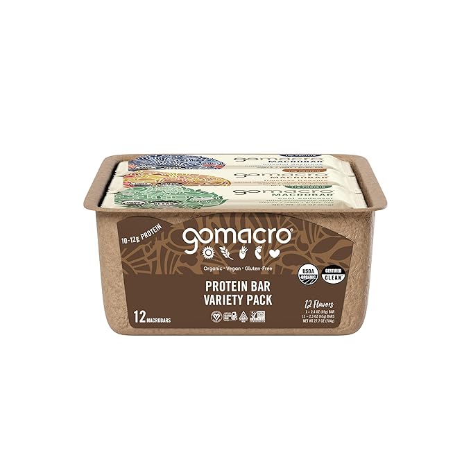 GoMacro MacroBar Organic Vegan Protein Bars - Protein Variety Pack (2.3-2.4 Ounce Bars 12 Count)