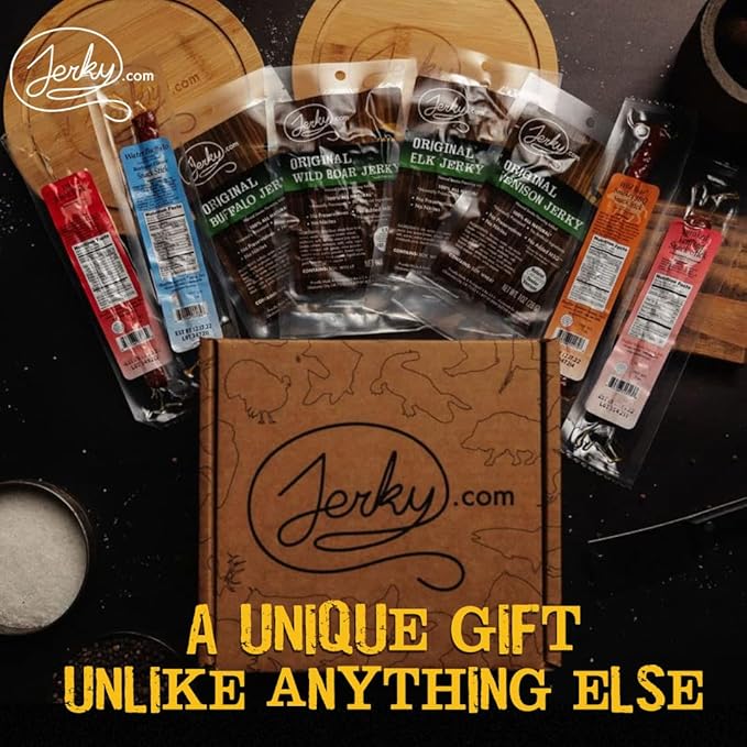 Jerky.com Exotic Jerky Gift Box | 8pc Wild Game Exotic Jerky Variety Pack with Venison Elk Wild Boar &amp Buffalo | High Protein Low Fat Keto Exotic Meat Snacks Jerky Gifts | Birthday Gifts for