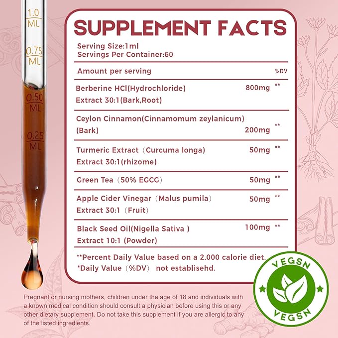 2 Pack Ceylon Cinnamon Berberine Bitter Liquid Drops Supplement with TurmericGreen TeaApple Cider VinegarBlack Seed Oil for Immune System &amp Digestive System Supports 4 FL OZ
