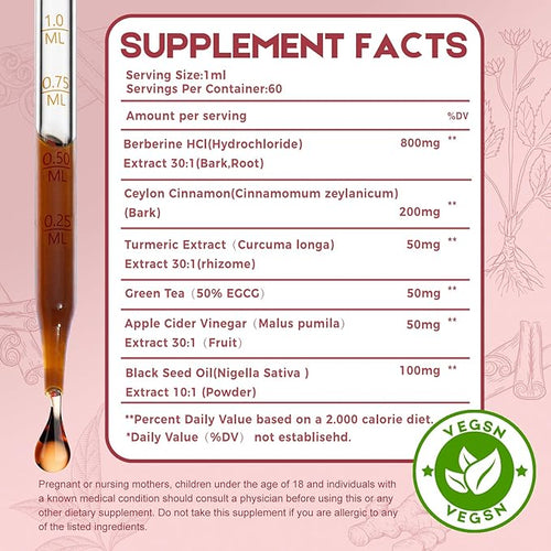 2 Pack Ceylon Cinnamon Berberine Bitter Liquid Drops Supplement with TurmericGreen TeaApple Cider VinegarBlack Seed Oil for Immune System &amp Digestive System Supports 4 FL OZ