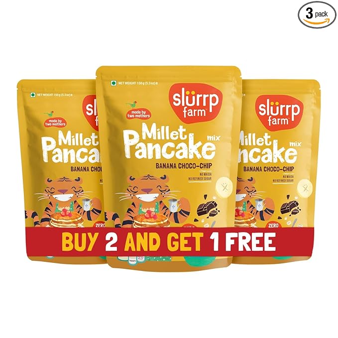 Slurrp Farm No Maida Pancake Mix | Instant Breakfast Mix Made with Oats and Jowar | Eggless Healthy Breakfast for Kids &amp Adults | Banana Chocochip- Pack of 3 X 150g