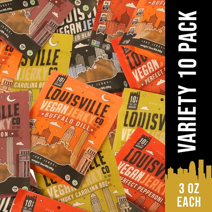 Louisville Vegan Jerky - Variety Pack 15-21 Grams of Protein Gluten-Free Ingredients Includes 2 Black Pepper 2 Perfect Pepperoni 2 Maple Bacon 2 Carolina BBQ &amp 2 Buffalo Dill (3 oz 10-Pack