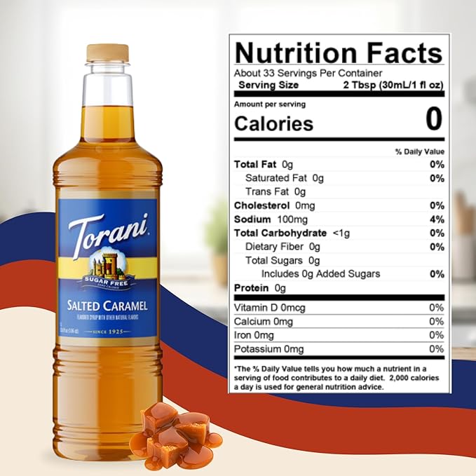 Torani Sugar Free Salted Caramel Syrup 1 Liter Bottle with Pump Dispenser – Zero Calorie Flavored Coffee Syrup for Lattes Cold Brews Teas Cocktails &amp Desserts – Keto Friendly