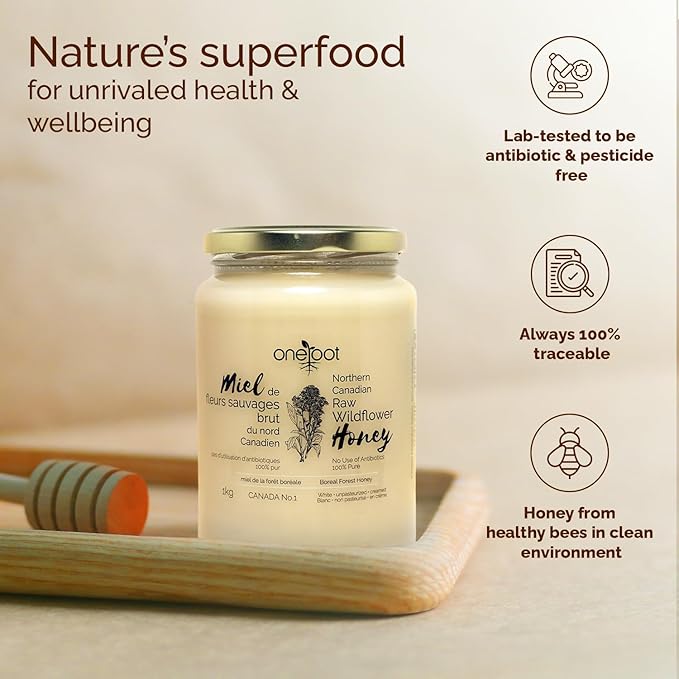 Oneroot 100% Canadian Wildflower Honey - 1kg / 2.2lbs Unheated &amp Creamed - Nutrient-Rich Natural Sweetener with Enzymes - Thick &amp Pure Raw Unfiltered Honey