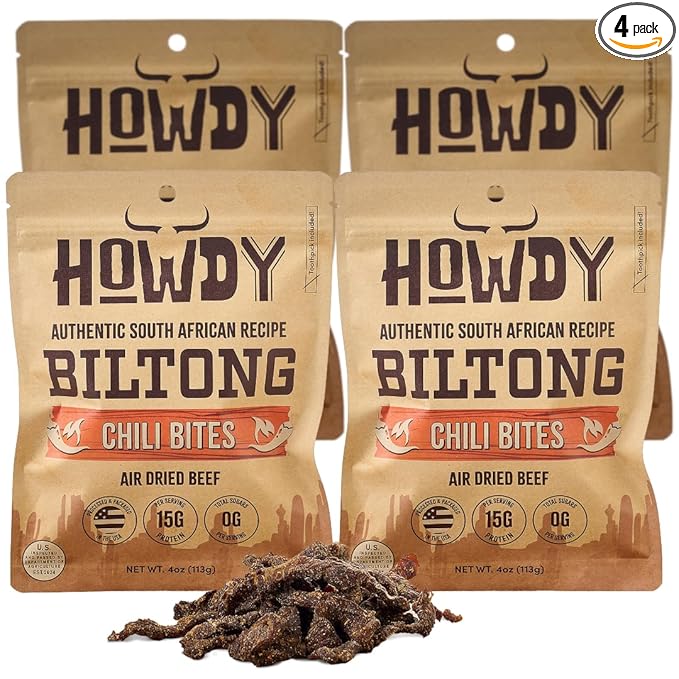 HowdySnax Biltong Chili Bites – 4 Pack (16 oz Total) – Bulk Spicy Beef Snack • High‑Protein • Keto &amp Paleo • No Preservatives • Made in USA