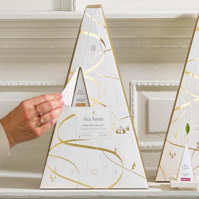 Tea Forte Tea Advent Calendar Gift Set 12 Individually Wrapped Handcrafted Assorted Pyramid Infuser Tea Bags with Numbered Doors Winter Chalet