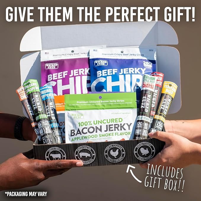 Wicked Cutz Jerky Gift Basket Includes Bacon Jerky Beef Jerky Meat Sticks and Beef Chips | Tender Easy to Chew USA Made High Protein Carnivore Snacks | Unique Gifts for Men (13 Pack)