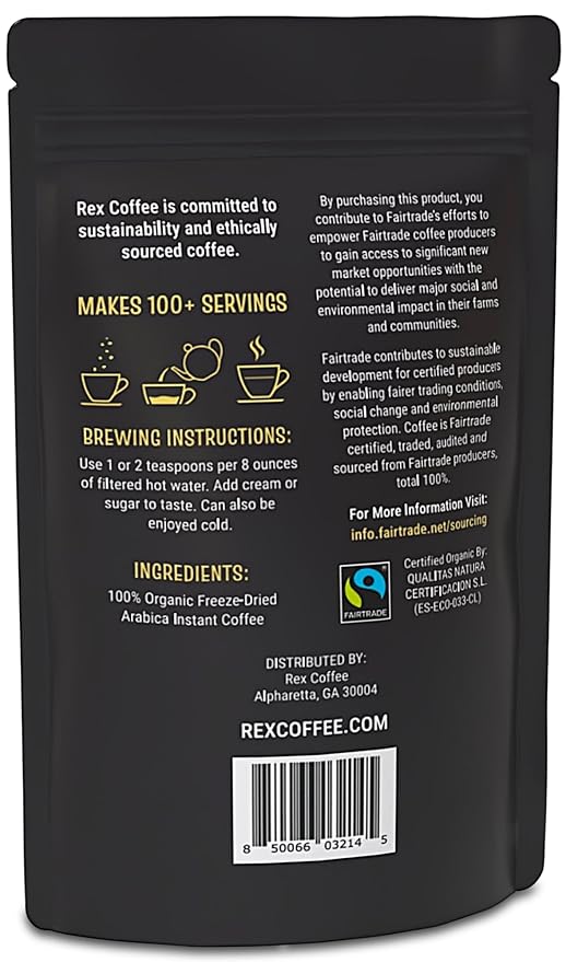 Rex Organic Fairtrade Freeze-Dried Instant Coffee – Medium Roast Arabica 7.05 oz (Pack of 2) Resealable Pouch Bags – USDA Organic &amp Fairtrade Certified Lab Tested for Mold &amp Mycotoxins