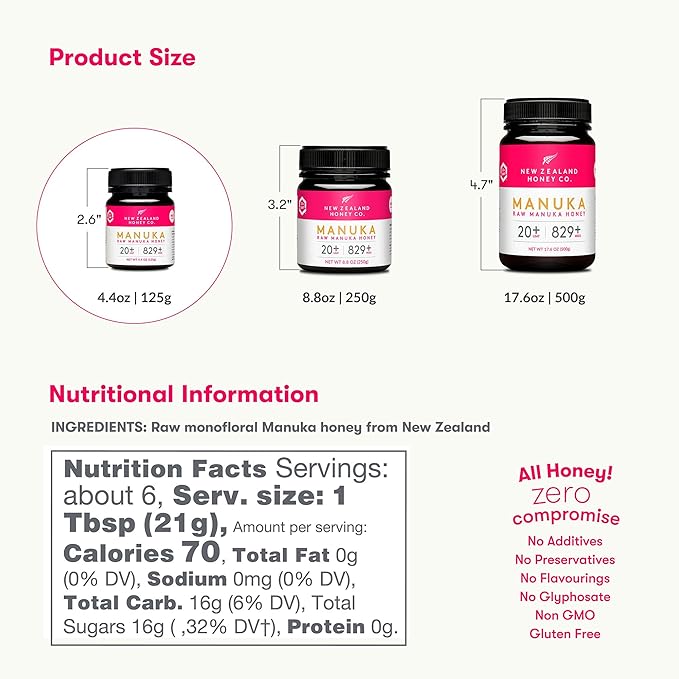 New Zealand Honey Co. Raw Manuka Honey UMF 20+ / MGO 829+ | UMF Certified | 4.4oz | Medical Grade Raw Honey