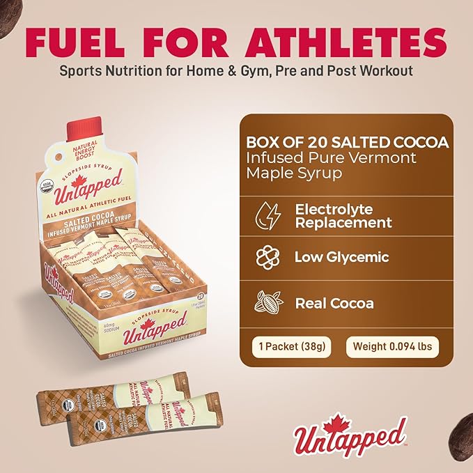 UnTapped Salted Cocoa Infused Vermont Maple Syrup Packets for Athletes Box of 20-1 fl oz Each | Pure Maple Syrup with Rich Cocoa Extract and Sea Salt | Fuel to Keep You Running Longer