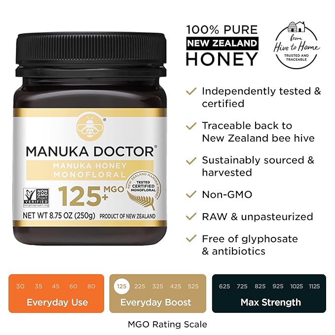 MANUKA DOCTOR - Manuka Honey MGO 80+ Multifloral &amp MGO 125+ Monofloral Value Bundle 100% Pure New Zealand Honey. Certified. Guaranteed. RAW. Non-GMO 2 x 8.75oz Pots