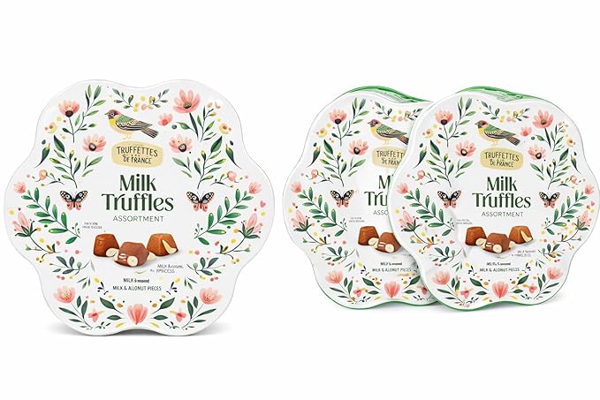Truffettes de France Milk Truffles Assortment Spring Tin 14 oz Milk Hazelnut and Almond Pieces Gourmet French Chocolate Pack of 2