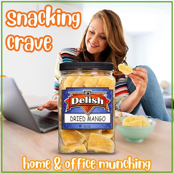 Dried Mango Slices by Its Delish 30 OZ Jumbo Reusable Container | Candied Dried Fruit | Natural Flavor Sweetened &amp Low Sugar No Color Added | Dry Mango Candy Healthy Snacks | Vegan Kosher
