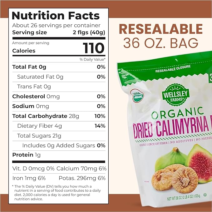 Wellsley Farms Organic Dried Calimyrna Figs - Naturally Sweet High Fiber Snack - No Sugar Added Dried Figs - Gluten-Free Vegan Kosher - Organic Dried Fruit for Snacking Baking - 36oz Resealable Bag
