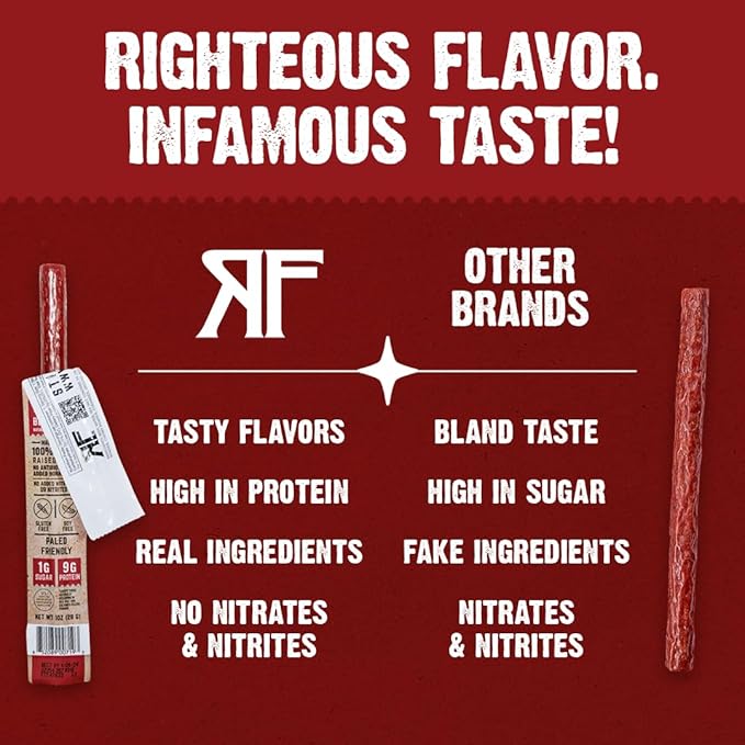 Righteous Felon Meat Sticks | 100% Grass Fed Beef | 9g Protein per Stick | Keto Gluten-Free Low Sugar High Protein Snack Sticks | Individually Wrapped | OG Hickory Beef Sticks 10 Count
