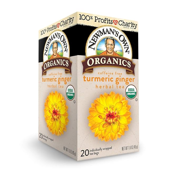 Newman's Own Organic Turmeric Ginger Herbal Tea Caffeine-Free Savory &amp Spicy Flavors Combined For The Perfect Cup Of Tea 6 Pack Of 20 Tea Bags Individually Wrapped 120 Teabags Total
