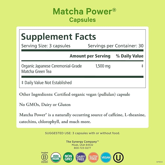 PURE SYNERGY Matcha Power | Organic Matcha Green Tea Capsules | Ceremonial Grade Supplement with EGCG | for Enhanced Energy &amp Alertness (90 Capsules)