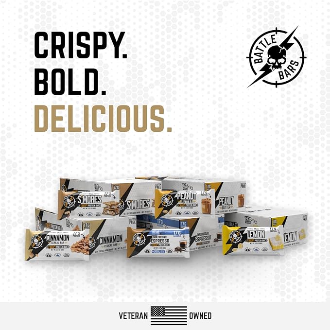 Battle Bars Crispy Protein Bar 17g Protein 100g Caffeine per serving - Gluten Free No Artificial Flavors or Colors - Veteran Founded - Dark Chocolate Espresso (60g) 12 Count