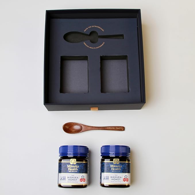 Manuka Health Holiday Gift Set Certified Raw Manuka Honey from New Zealand Includes UMF 20+/MGO 850+ 8.8oz Jar and UMF 13+/MGO 400+ 8.8 oz Jar with Wood Spoon