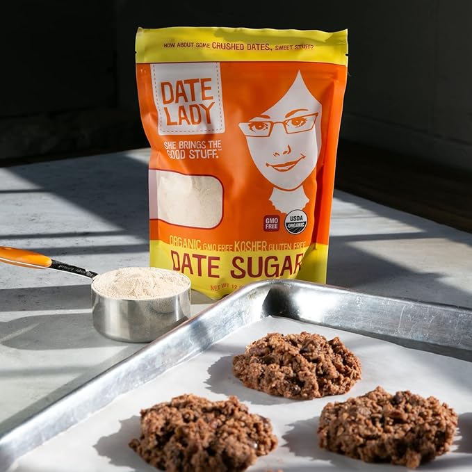 Date Lady Date Sugar (2) 12oz Bags Organic | Vegan Paleo Gluten-Free &amp Kosher | Sugar Substitute and Alternative Sweetener for Baking | Will Not Dissolve in Your Coffee (1.5lbs Total)