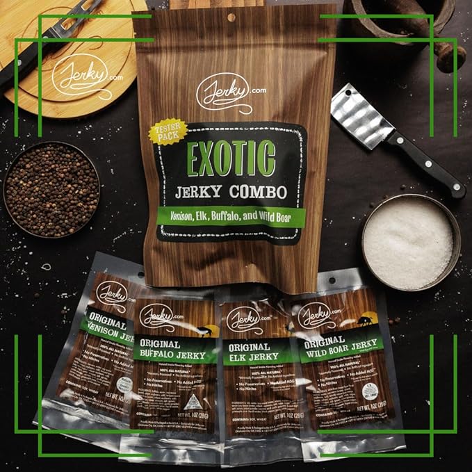 Jerky.com Exotic Jerky Variety Pack | 100% Wild Game Meats Snack Buffalo Wild Boar Elk &amp Venison Jerky | All-Natural High Protein No MSG – Unique Christmas Gifts for men  for Men Hunters Ke