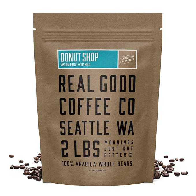 Real Good Coffee Company Donut Shop Medium Roast Whole Bean Coffee - Fresh Roasted Coffee Beans - Pairs with Donuts &amp Pastries - 32 Oz