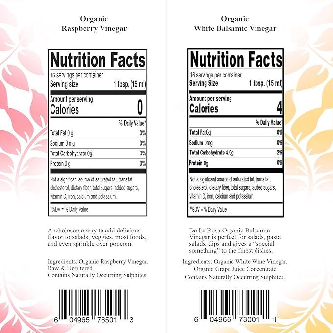 De la Rosa Organic Raspberry &amp White Balsamic Vinegar Vegan Kosher Non-GMO &amp Gluten Free Great for Salad Dressings Marinades &amp More 8.45 Oz (Pack of 2)
