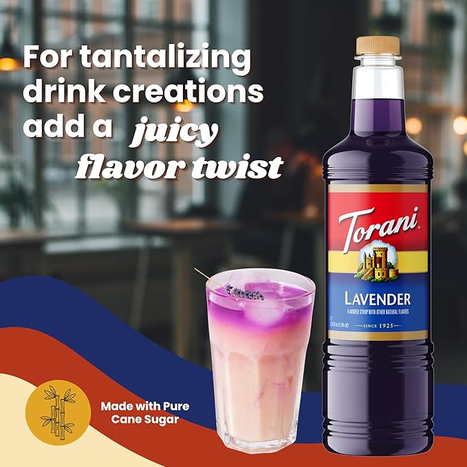 Torani Lavender Syrup 1 Liter Bottle with Pump – Premium Floral Flavoring with Pure Cane Sugar &amp Natural Ingredients for Coffee Lattes Cocktails Lemonade Desserts &amp More