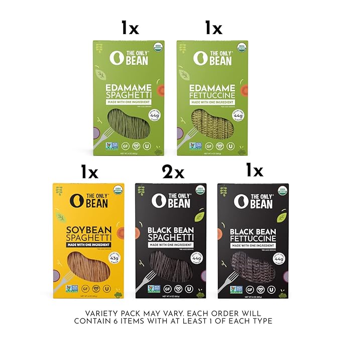 The Only Bean - Soy Black Bean and Edamame Spaghetti &amp Fettuccine - Gluten Free Pasta Keto Low Carb Pasta Noodles Protein Pasta Organic Healthy Noodles Vegan Pasta - 8 oz (6 Pack) (Variety P