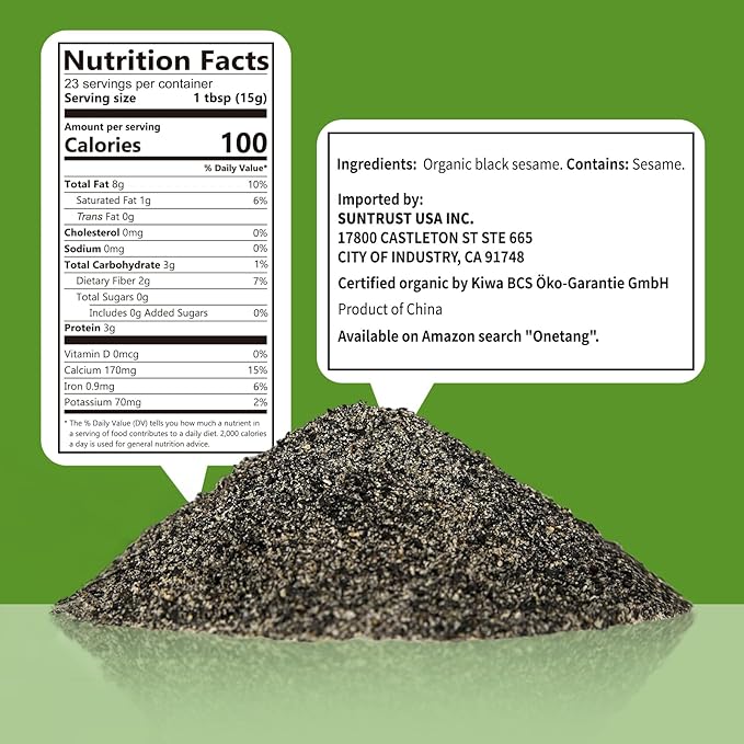 ONETANG Organic Black Sesame PowderPlant BasedGluten-FreeVeganProtein Source No SugarLow Temp RoastedHalalNon-GMOBlack Sesame Paste 12.36 Oz (350g)