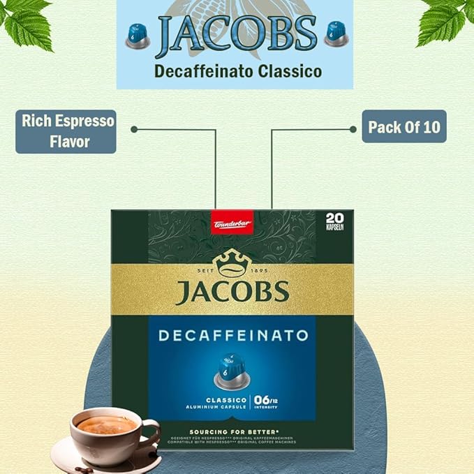 Jacobs Decaffeinato Classico 10x20 CAPSULES Coffee Capsules Compatible with (052 USD/1 CAP)