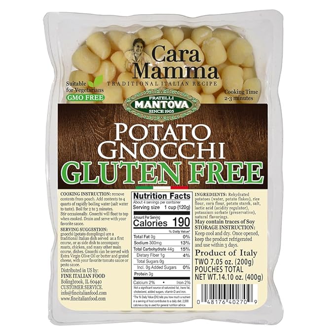 Mantova Gluten-Free Potato Gnocchi 14.10 oz. (Pack of 11) Product of Italy Traditional Easy-to-Cook Gluten-Free Potato Gnocchi All-Natural Ingredients Ideal with Tomato Sauces Alfredo Sauce C