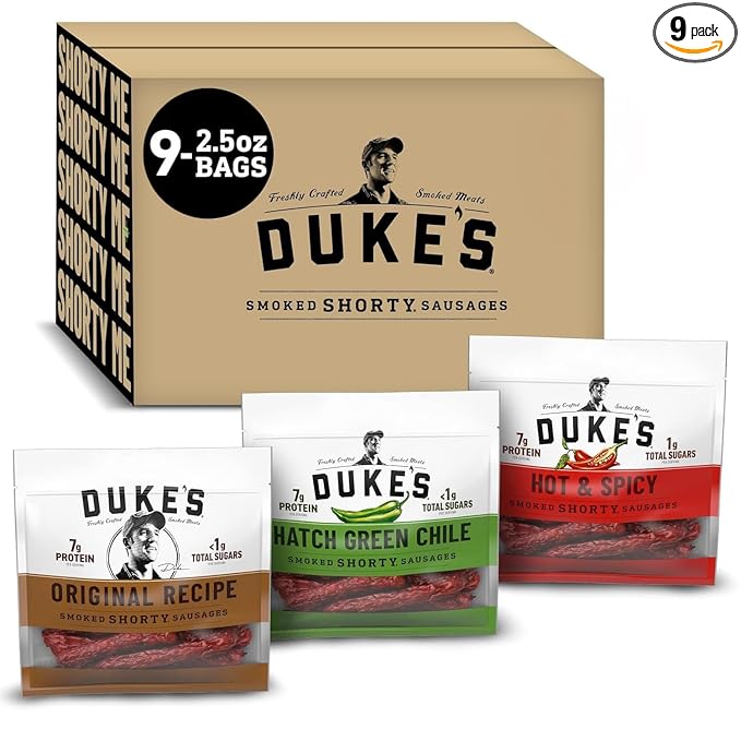 Duke's Original Hot and Spicy and Hatch Green Chile Smoked Shorty Sausages Variety Pack Easter Basket Stuffer for Men 2.5 oz each