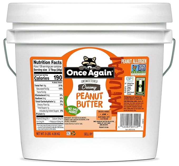 Once Again Natural Creamy Peanut Butter 9lb Bucket (same as 9 jars) - Salt Free Unsweetened - Gluten Free Certified Vegan Kosher Non-GMO Verified