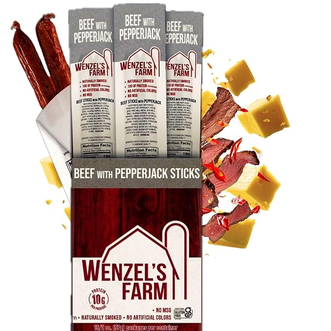 Wenzel’s Farm Beef with Pepperjack Sticks │Snack Sticks │ Flavorful Naturally Smoked │ High Protein Low Carb │ No MSG Fillers Binders Artificial Colors │ Gluten Free | 32 sticks (16 packs of 2)