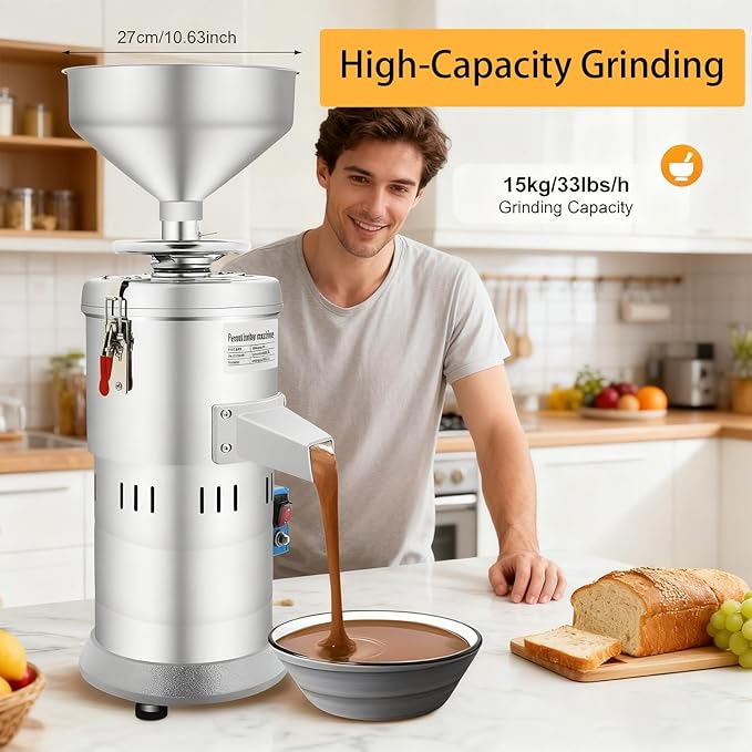 Commercial Peanut Butter Machine 1100W Electric Nut Butter Maker 33lbs/h Sesame Sauce Grinder for Groundnut Almond Cashew Nut
