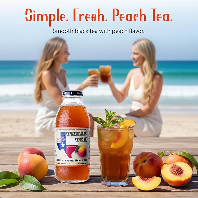Texas Tea Fredericksburg Peach Tea – Organic Black Tea with Real Texas Peaches NON-GMO Small-Batch Brewed 12-Pack of 16 FL Oz Glass Bottles Refreshing Southern Sweet Peach Iced Tea