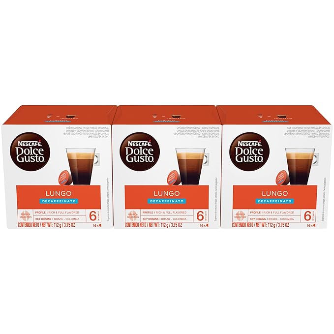 Nescafe Dolce Gusto Coffee Pods Lungo Decaffeinato 16 capsules Pack of 3
