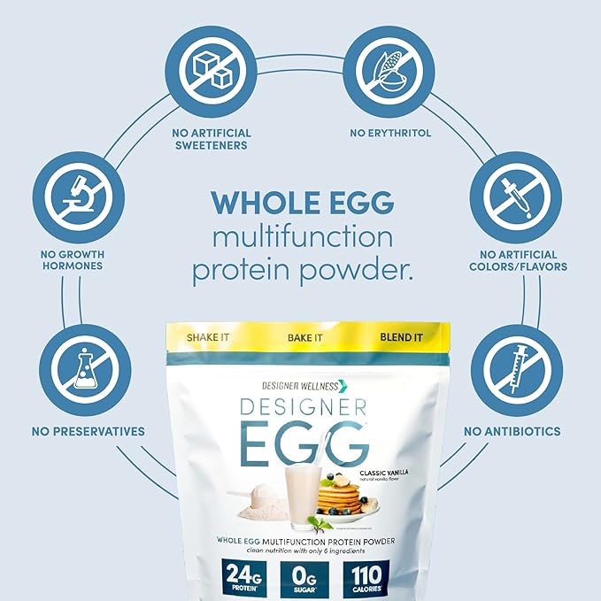 Designer Wellness Designer Egg Natural Egg Yolk &amp Egg White Protein Powder Keto and Paleo Friendly Low Calorie Less Fat and Cholesterol Classic Vanilla 1.55 Pound