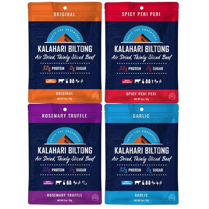 Kalahari Biltong Variety Pack – 4 Pack (Original Peri Peri Garlic Rosemary Truffle) – High Protein Low Carb Gluten Free Keto-Friendly Snack