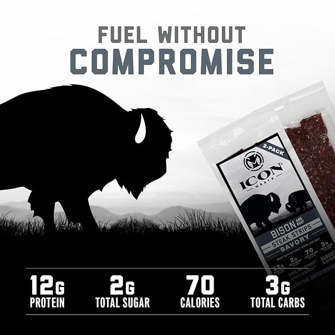 ICON Meats Bison and Beef Jerky Steak Strips Savory Flavor 8 High Protein Snacks Packs 2 Strips per Pack Low Sugar Gluten Free Natural USDA Inspected Made in the USA Gifts for Him