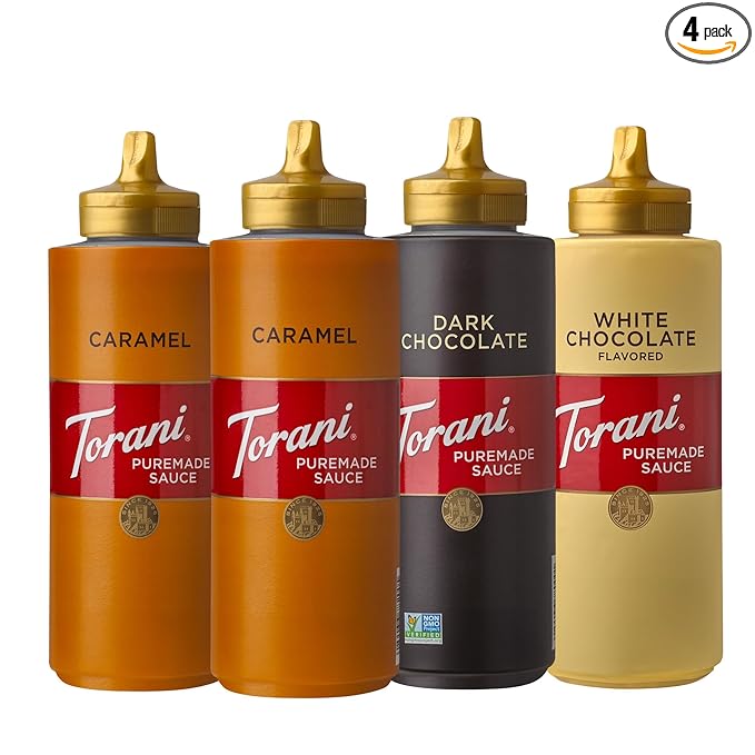 Torani Puremade Dessert &amp Drink Sauce Variety Pack Dark Chocolate White Chocolate &amp 2 Caramel 16.5 fl oz (Set of 4)