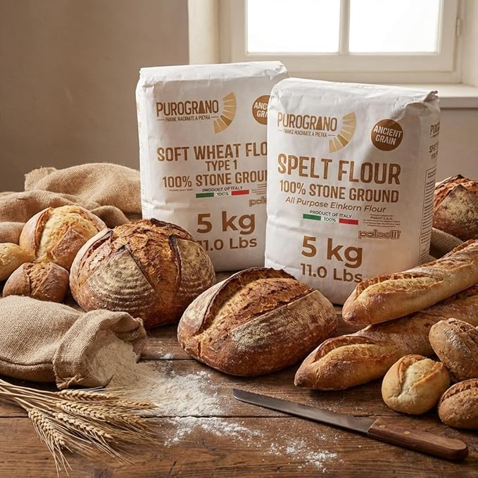 Polselli Purograno100% Stone Ground Spelt (Farro) Flour 5kg 11 lb – Ancient Whole Grain High Protein All-Purpose for Bread Pizza Pasta &amp Pastries – Imported from Italy. Unbleached unbroma