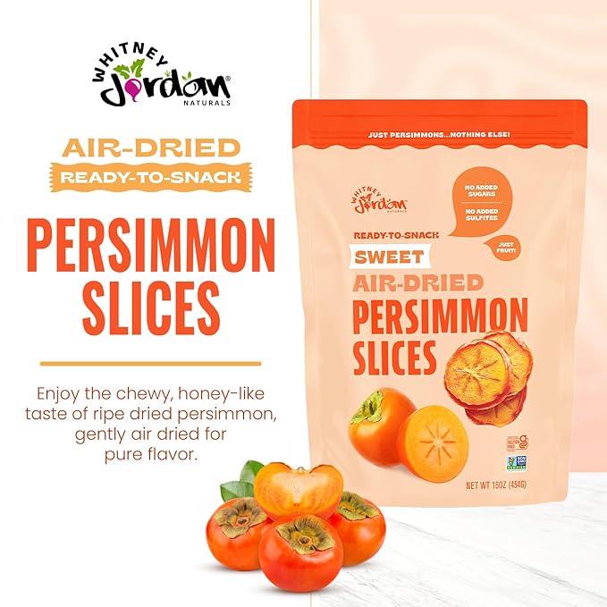 Whitney Jordan Naturals Air-Dried Persimmon Slices 16 Oz Pack of 2 - Dried Fruit Snack Made from Real Persimmons - No Sugar Added Gluten-Free Vegan Chewy Real Fruit for Clean Snacking