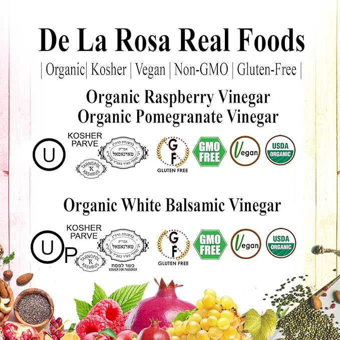 De La Rosa Organic Vinegar Variety Pack Raspberry Pomegranate &amp White Balsamic Vinegar Vegan Kosher Non-GMO &amp Gluten Free Great for Salad Dressing Marinades &amp More | 16.9 Oz (Pack o
