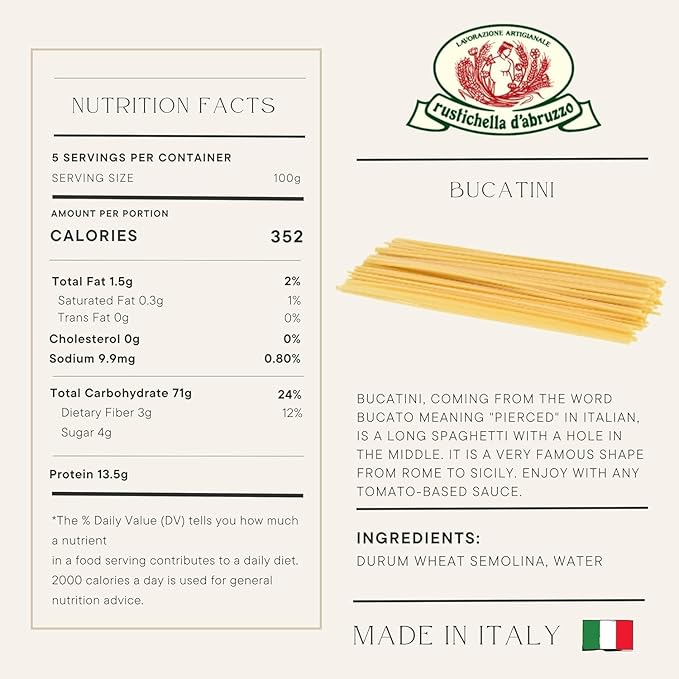 Rustichella d'Abruzzo Bucatini (Pack of 12) 500g Each - Classic Bulk Italian Pasta with a Hole - Perfect for Amatriciana Sauce - Artisan Pasta from Abruzzo