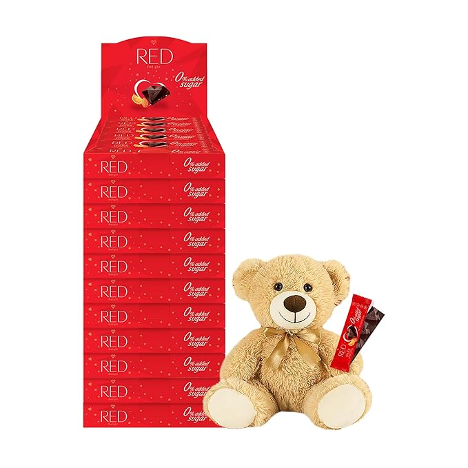 RED Delight®™ Orange and Almond Dark Chocolate 12 Count Box of Grab N Go Travel Size Bars (0.92 Ounces Each) (11 Boxes - Total of 132 Bars + 14 Plush Bear)