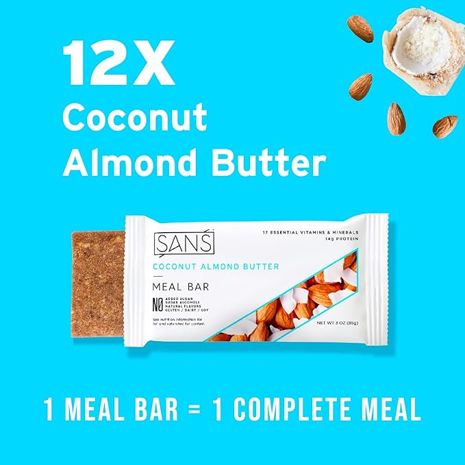 SANS Meal Replacement Protein Bar Gluten Free Healthy High Protein Snacks High Fiber No Sugar Added Dairy Free Soy Free Coconut Almond Butter 12 Bars