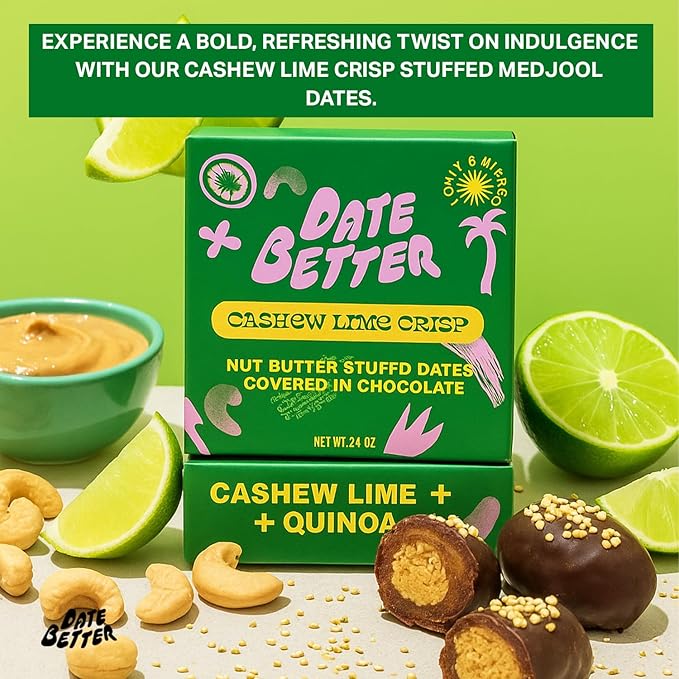 Date Better Cashew Lime Crisp Stuffed Medjool Dates - Dark Chocolate-Covered Dates Filled With Creamy Cashew Butter &amp Toasted Quinoa | No Artificial Sweeteners Gluten-Free &amp Vegan (6-Pack)